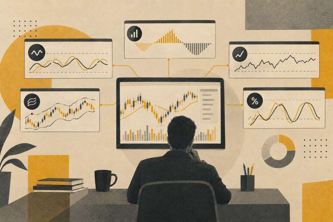 หน้าจอ TradingView แสดงกราฟแท่งเทียนและอินดิเคเตอร์ทางเทคนิคหลายประเภท